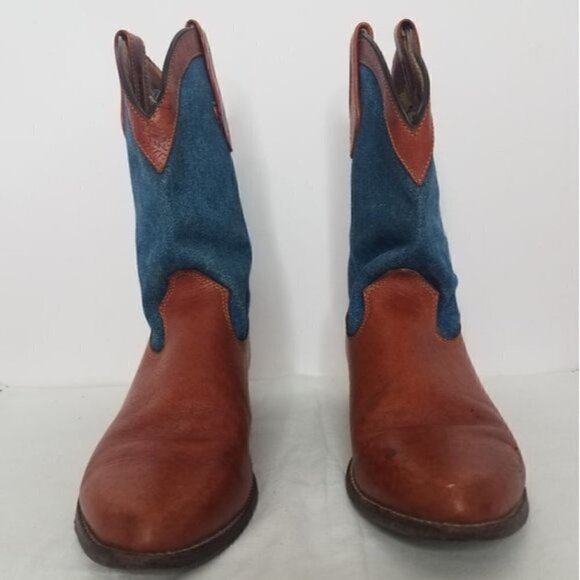 Vintage 1980s Frye Denim and Tooled cognac  Leather  Western Boot 8 - Picture 3 of 15